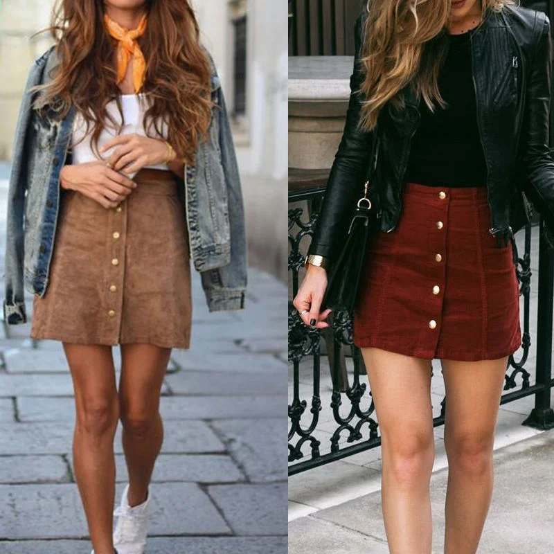 2018 Summer arrival Women Skirt High Waist Bodycon Suede Leather Pocket Preppy Short Mini Skirts