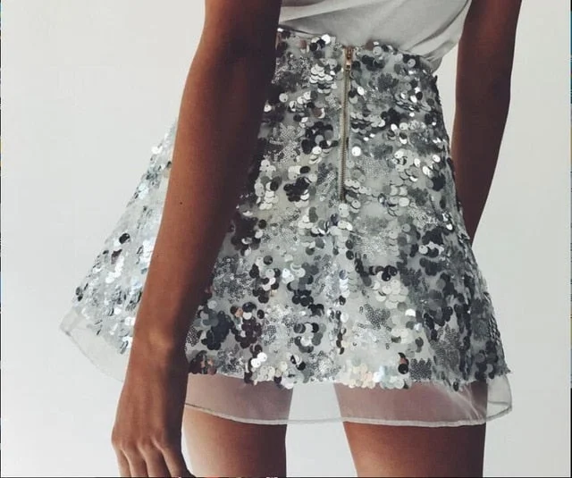 Women Mesh Sequin Skirts 2019 Spring Summer New Sexy Casual Slim A-line Skirt Club Party Fashion High Waist Patchwork Mini Skirt