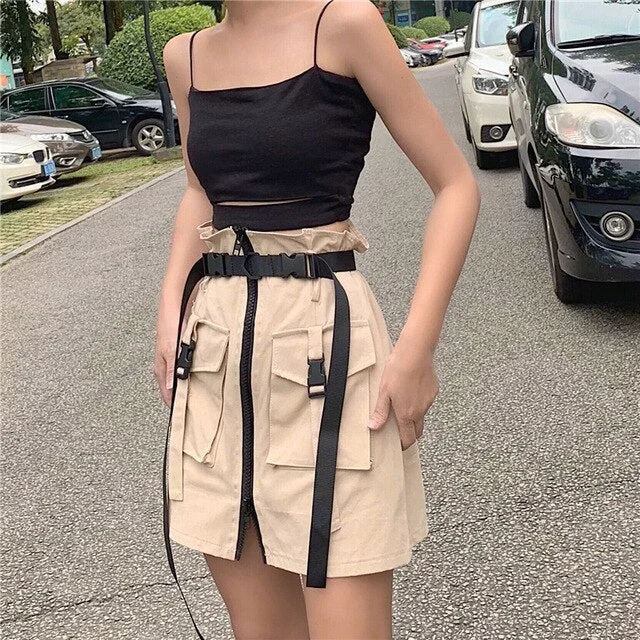 Women's Summer Harajuku Skirt with Belt Pocket Zipper Decorative Black Tooling Skirts Female Fashion Khaki High Waist Mini Skirt