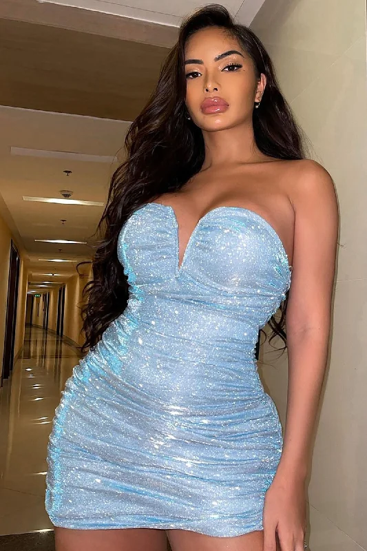 Baddie Metallic Mini Dress - Light Blue