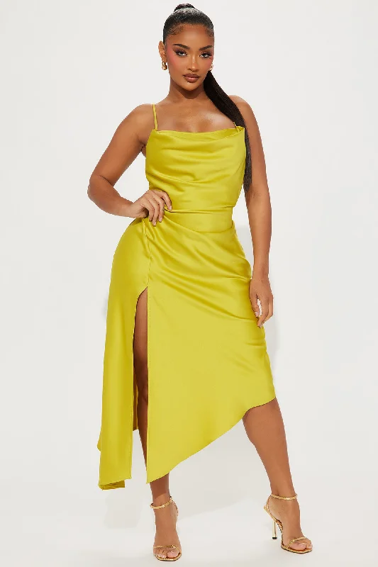 Bella Shiny Satin Midi Dress - Mustard