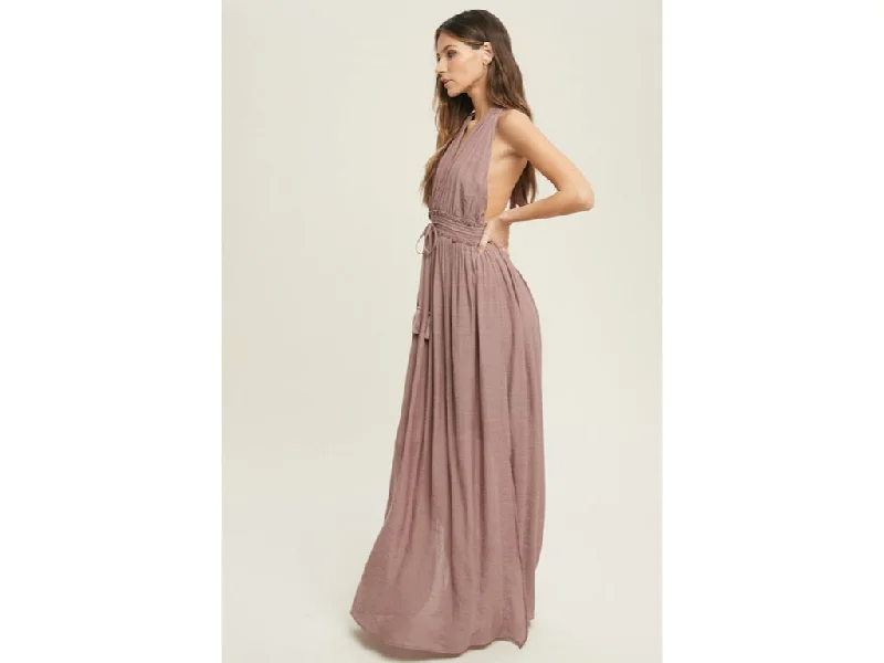 Dark Mauve Solid Halter Smocked Waist Maxi Casual Boho Dress w/ Side Slits