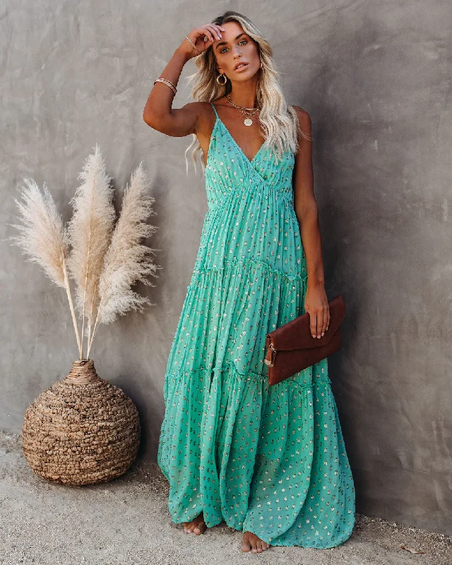 Fathoms Below Adjustable Metallic Tiered Maxi Dress - Seafoam