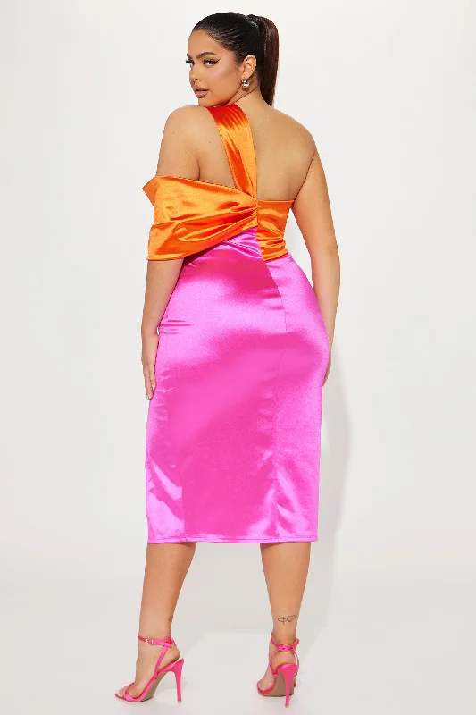 Madeline One Shoulder Midi Dress - Fuchsia/combo