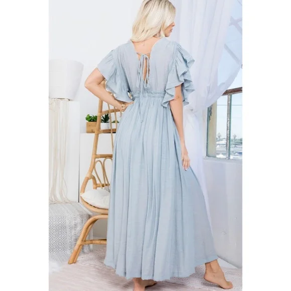 Misty Blue Gauze Boho Button Short Slv Deep V Woven Gathered Maxi Coverup Dress