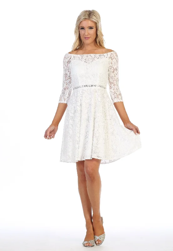 Off Shoulder Short Lace Dress with Mid-Sleeves by Celavie 6343-S