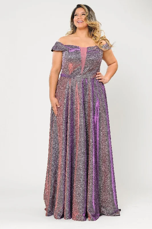 Plus Size Long Off Shoulder Glitter Dress by Poly USA W1060