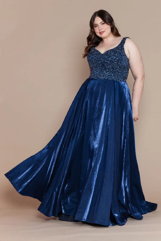 Plus Size Long Satin Dress with Beaded Bodice by Poly USA W1066