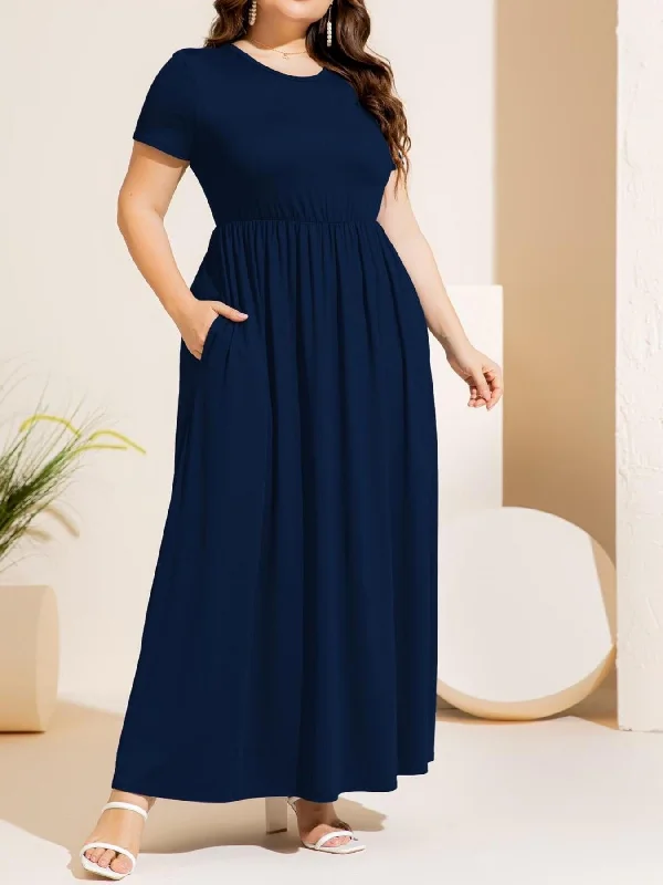 Plus Size Round Neck Short Sleeve Maxi Dress with Pockets