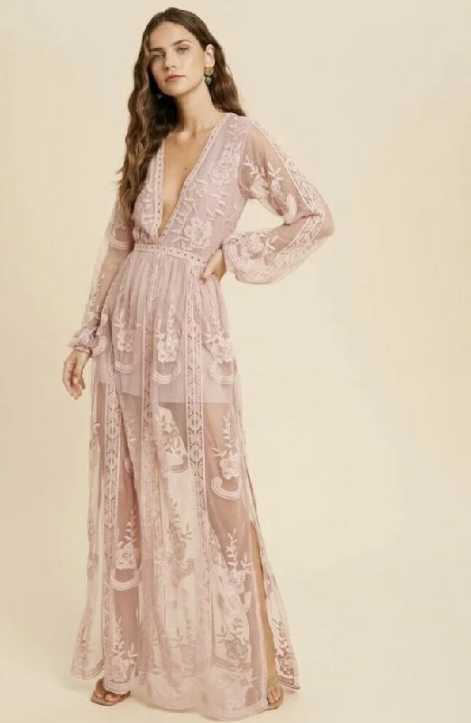 Romantic Light Mauve Floral Crochet Lace Long Sleeve Maxi Boho Dress Womens