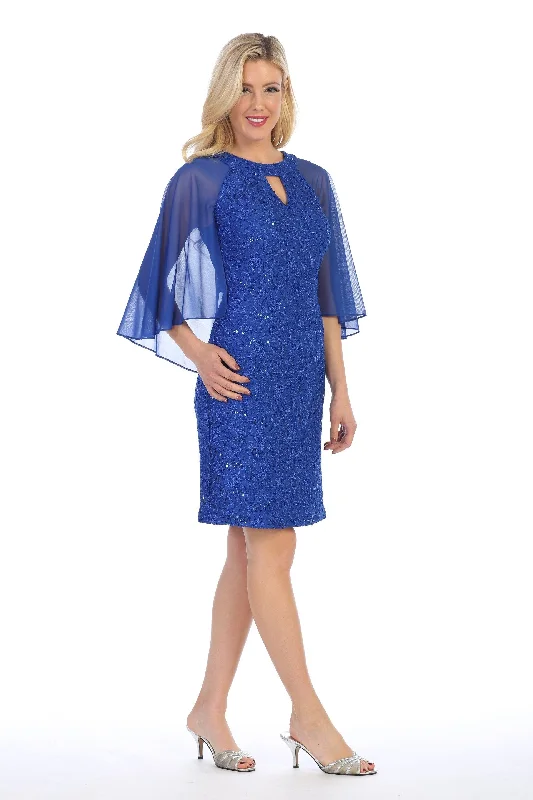 Sequin Lace Short Cape Dress with Flutter Sleeves by Celavie 6352-S