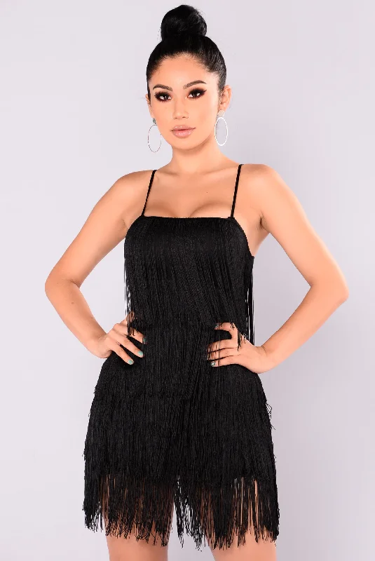 Something To You Fringe Dress - Black/Black