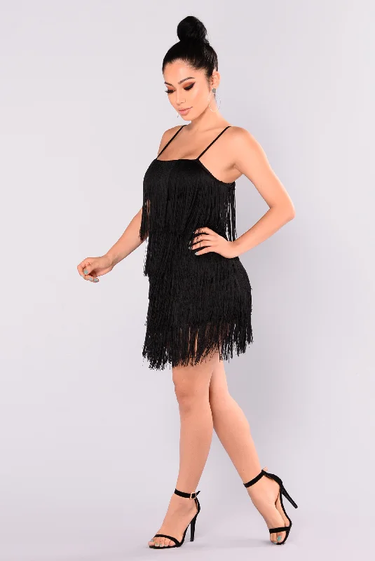 Something To You Fringe Dress - Black/Black